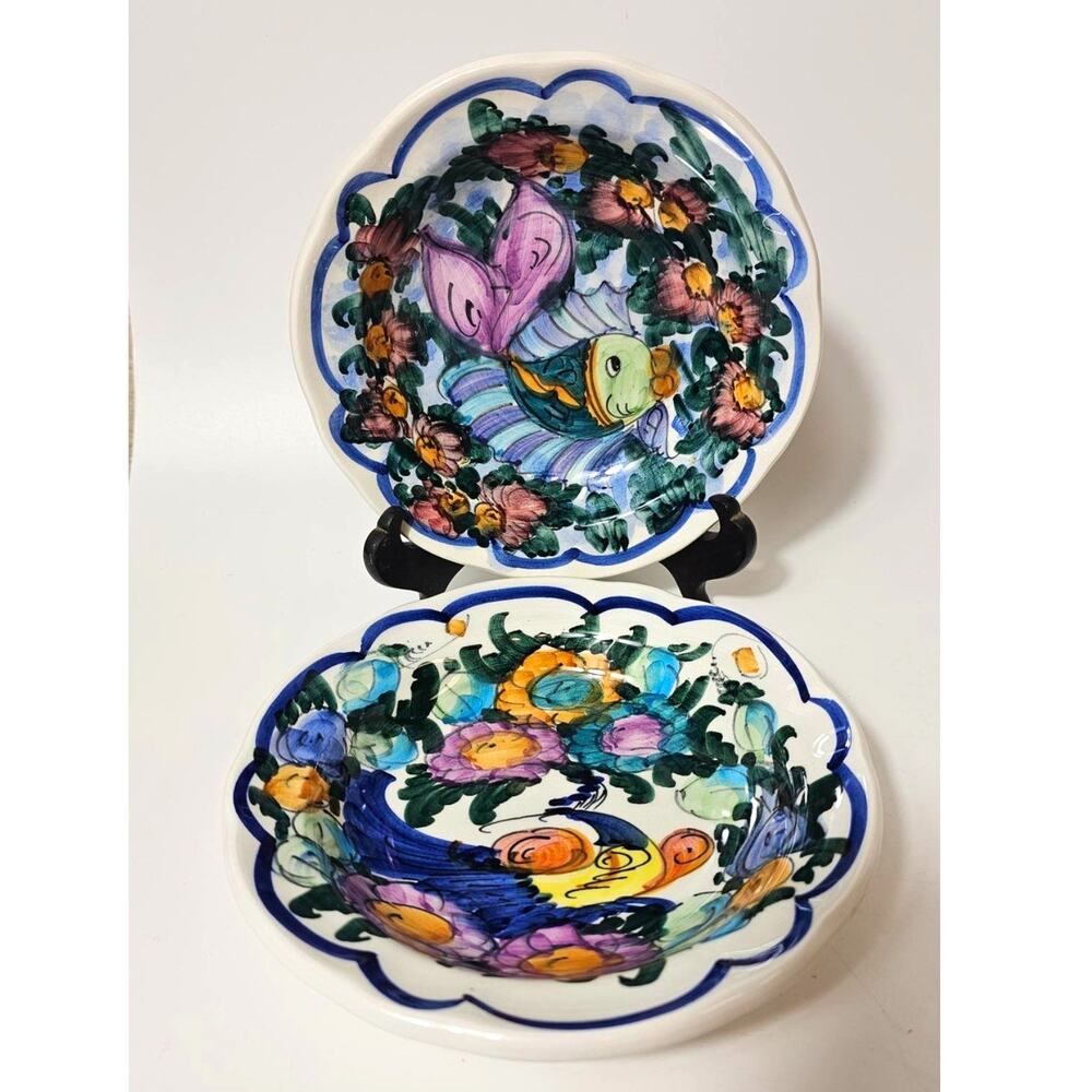 1980s B.A. Skyros Greek Pottery 2 Wall Plates, Hand-Painted Folk Art, 7 Inches